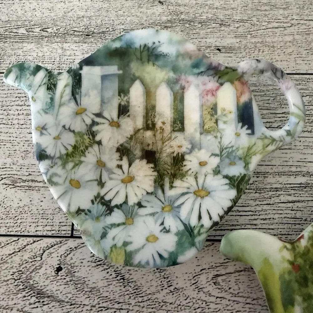 Set Of 2 Vintage Tea Bag Holders Flower Garden Scene Melamine Made In Italy
